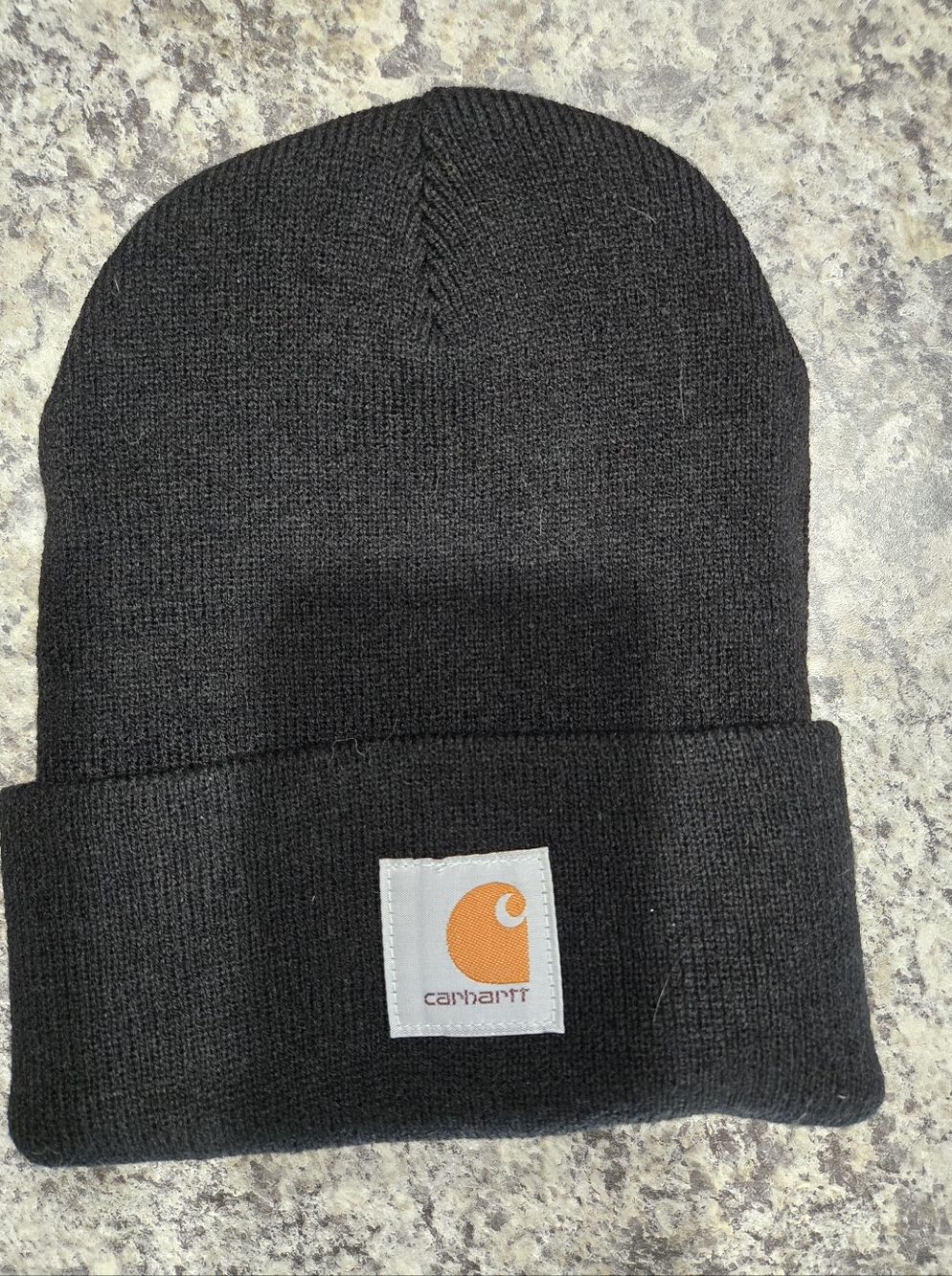Carhartt Black Knit Cuffed Beanie with Orange Logo Patch